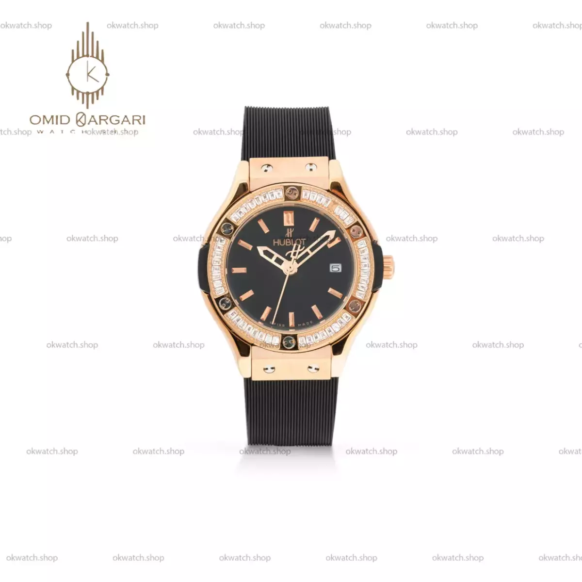 ساعت مچی اوبلو بند مشکی قاب رزگلد نگین دار Hublot Classic Fusion