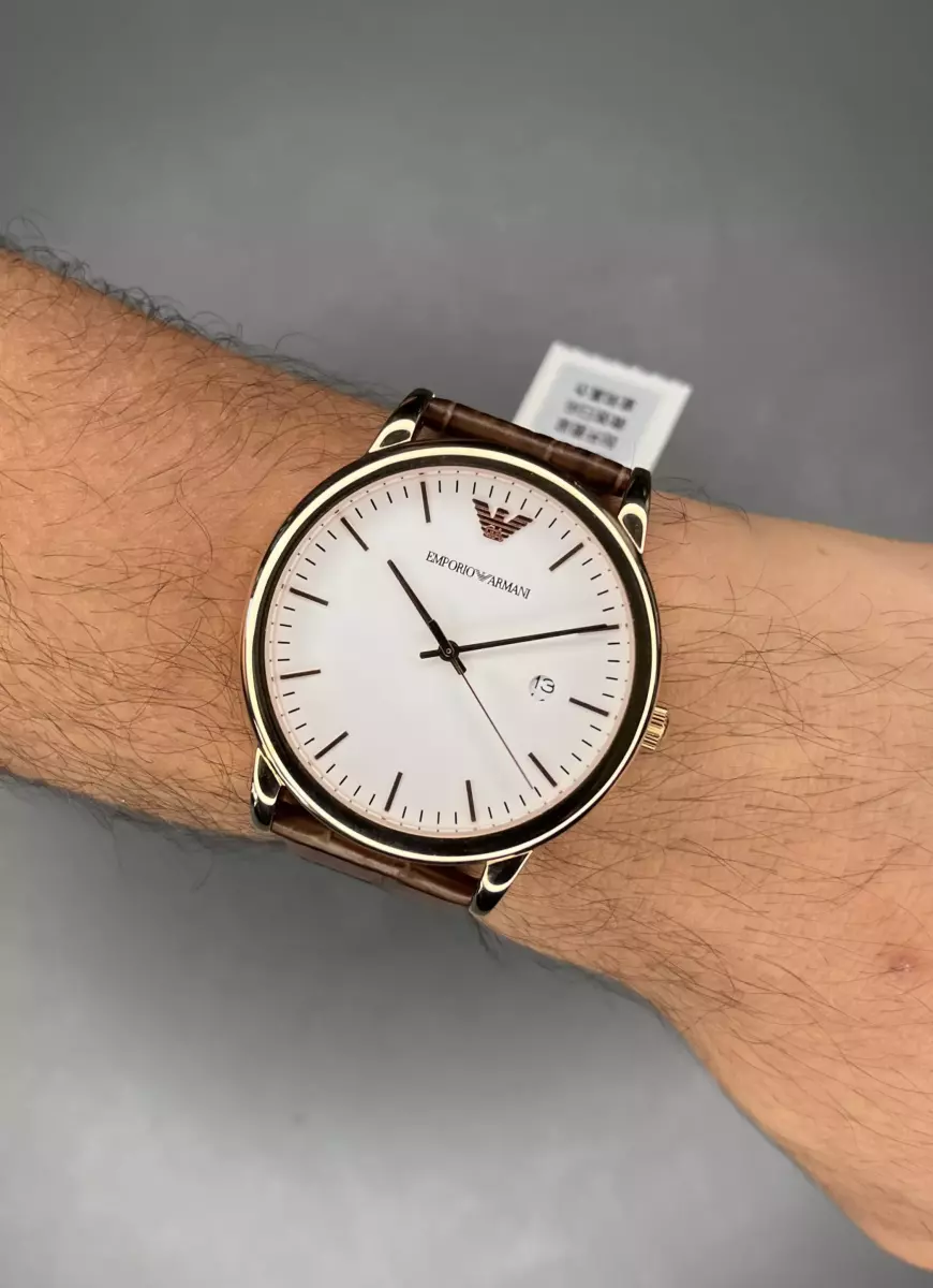 ساعت مچی امپریو آرمانی بند چرمی قهوه ای صفحه سفید Emporio Armani