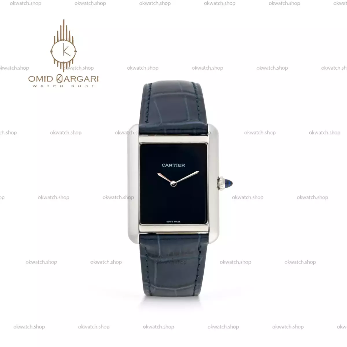 ساعت مچی کارتیه تانک صفحه مهندسی مردانه بند چرمی سرمه ای Cartier Tank