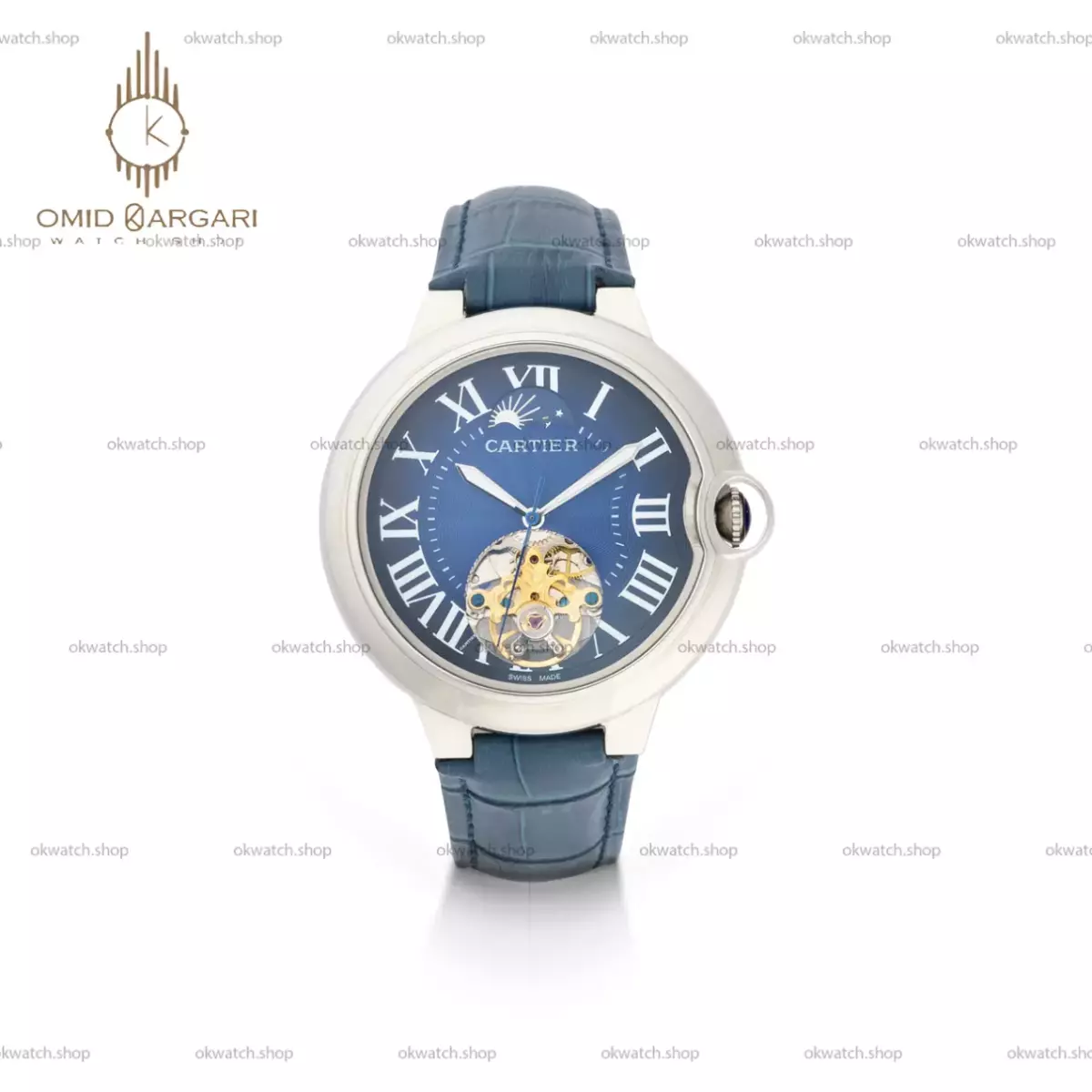 ساعت مچی کارتیه بلن بولو صفحه قلب باز بند چرمی سرمه ای Cartier Ballon Bleu