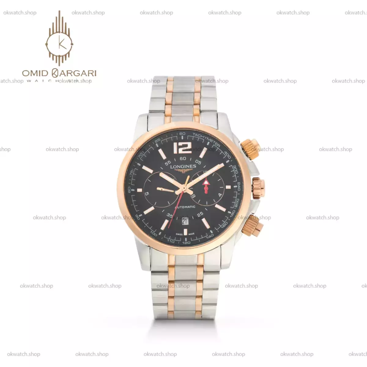 ساعت مچی لونژین کورنوگراف صفحه مشکی دو رنگ سیلور رزگلد Longines