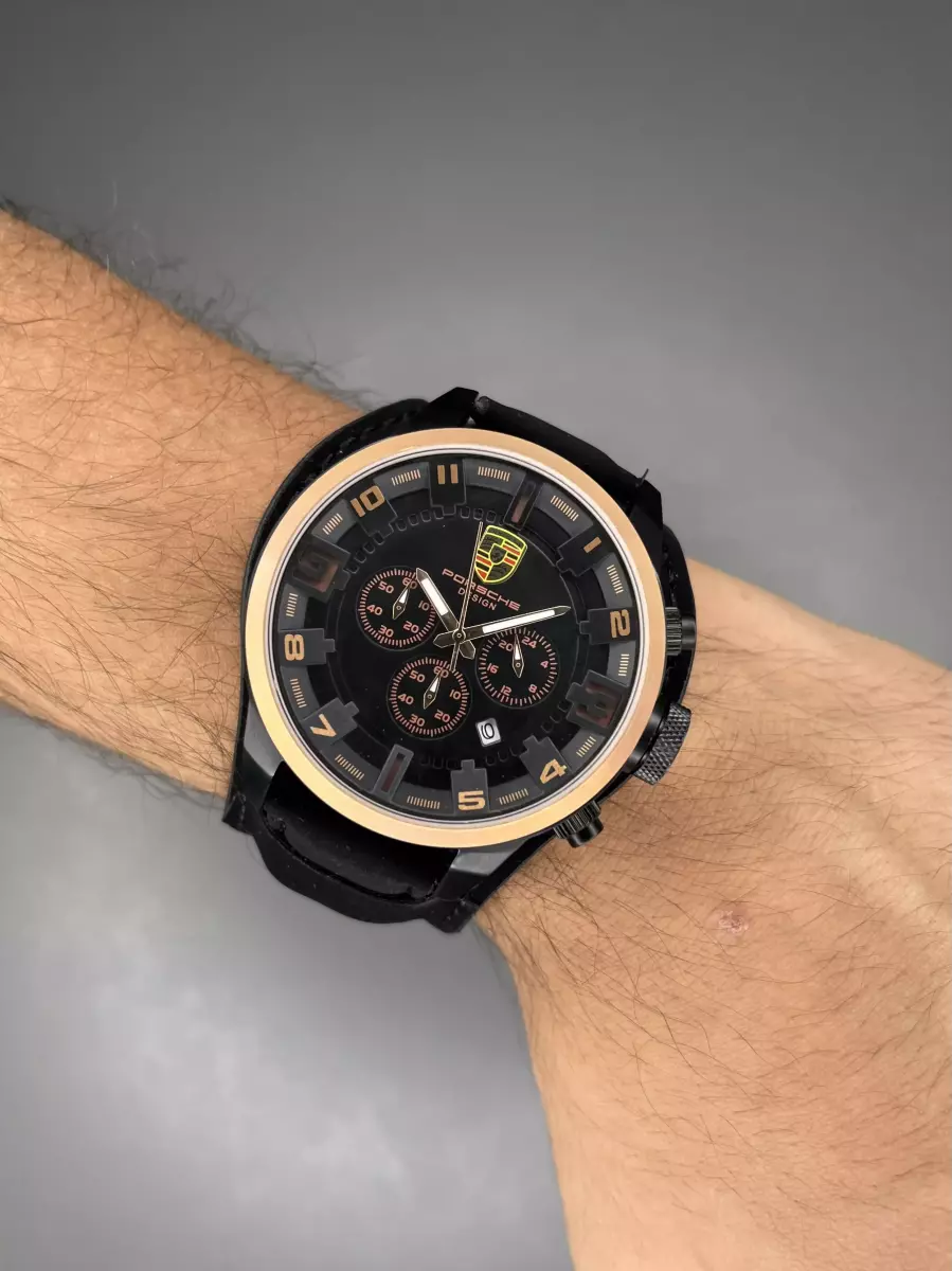 ساعت مچی پورش دیزاین بند جیر صفحه مشکی قاب رزگلد Porsche Design