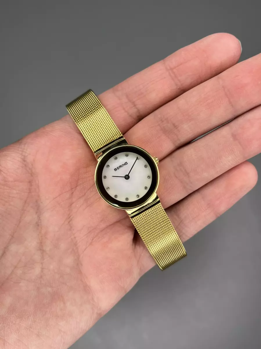 ساعت مچی برینگ بند حصیری طلایی صفحه سفید Bering