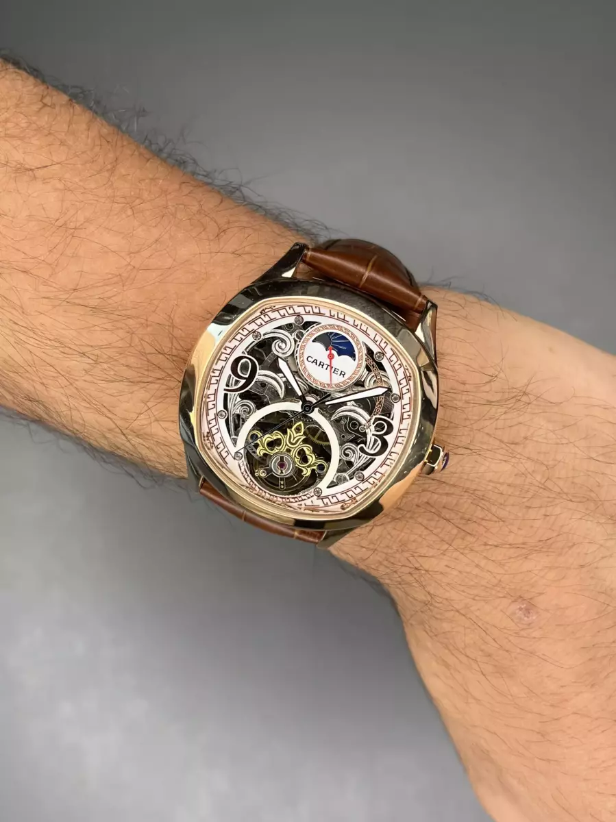 ساعت مچی کارتیه صفحه اسکلتون بند چرمی قهوه ای Cartier