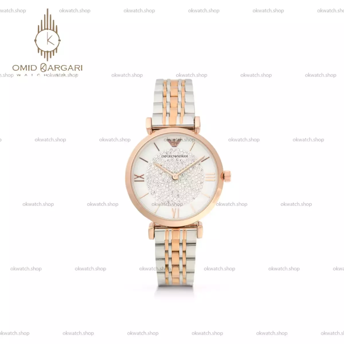 ساعت مچی امپریو آرمانی بند سیلور رزگلد صفحه نگین دار Emporio Armani