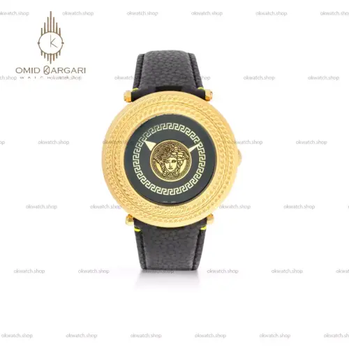 ساعت مچی ورساچه صفحه طرحدار قاب طلایی چرمی مشکی Versace