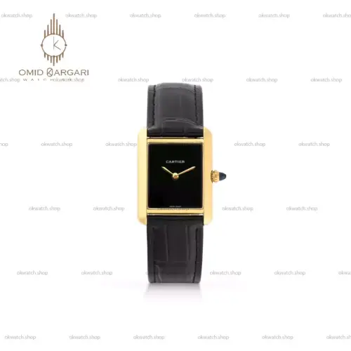 ساعت مچی کارتیه تانک زنانه صفحه مهندسی مشکی قاب طلایی Cartier Tank
