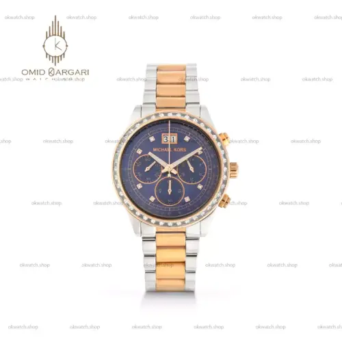 ساعت مچی مایکل کورس کرونوگراف بند سیلور رزگلد صفحه بنفش دورنگین Michael Kors