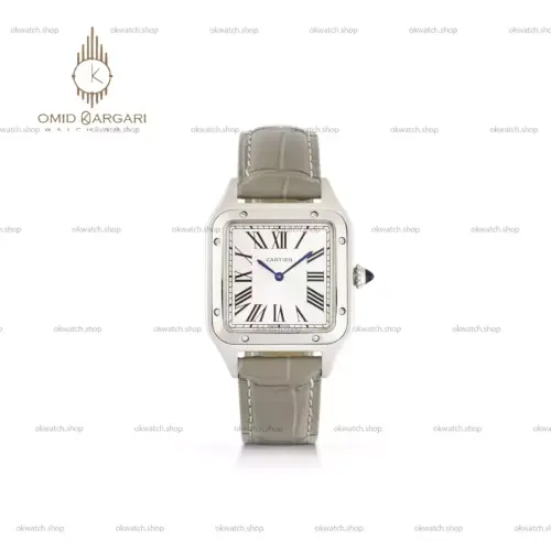ساعت مچی کارتیه دومونت بند چرمی طوسی صفحه سفید Cartier