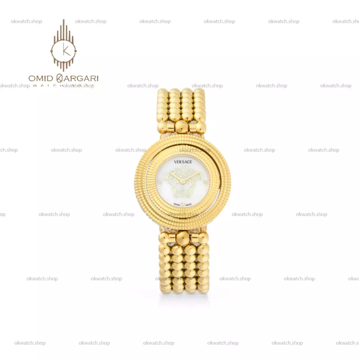 ساعت مچی ورساچه قاب چرخشی طلایی صفحه سفید Versace
