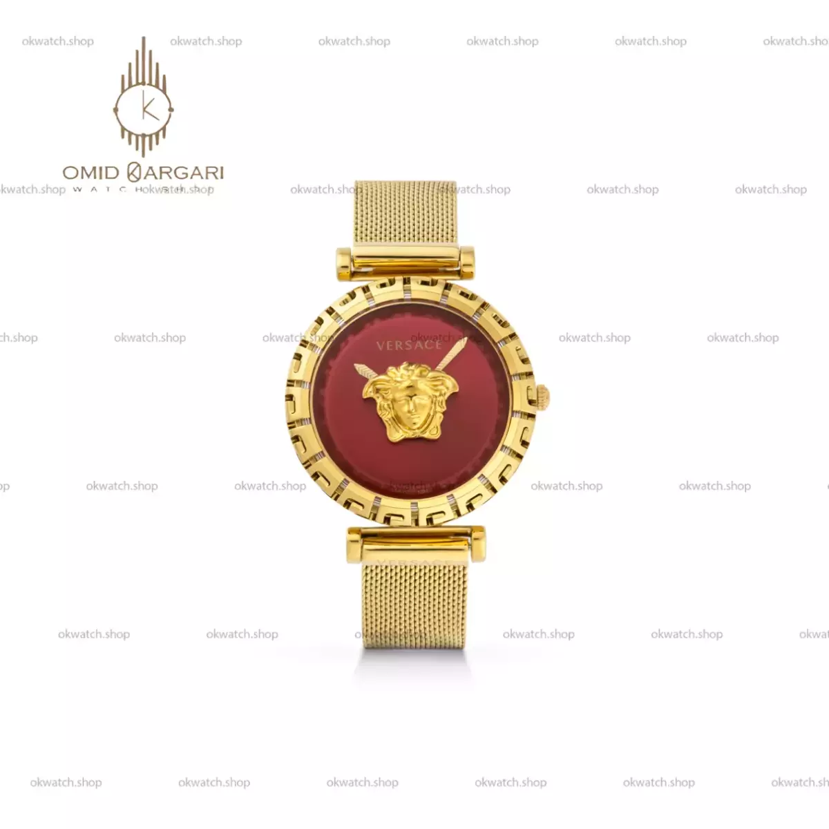 ساعت مچی ورساچه بند حصیری طلایی صفحه قرمز Versace