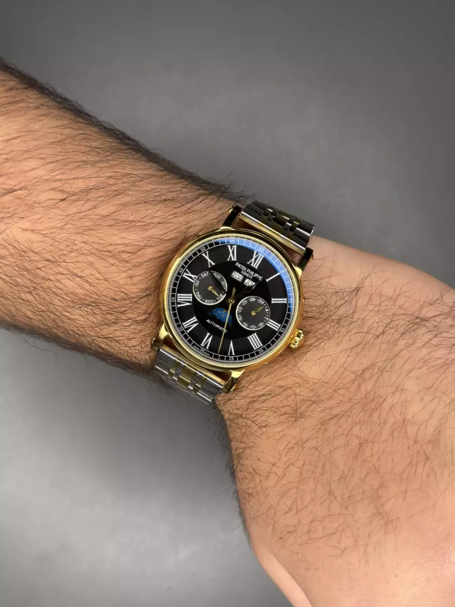 ساعت مچی پتک فیلیپ فول سیلورطلایی صفحه مشکی Patek Philippe