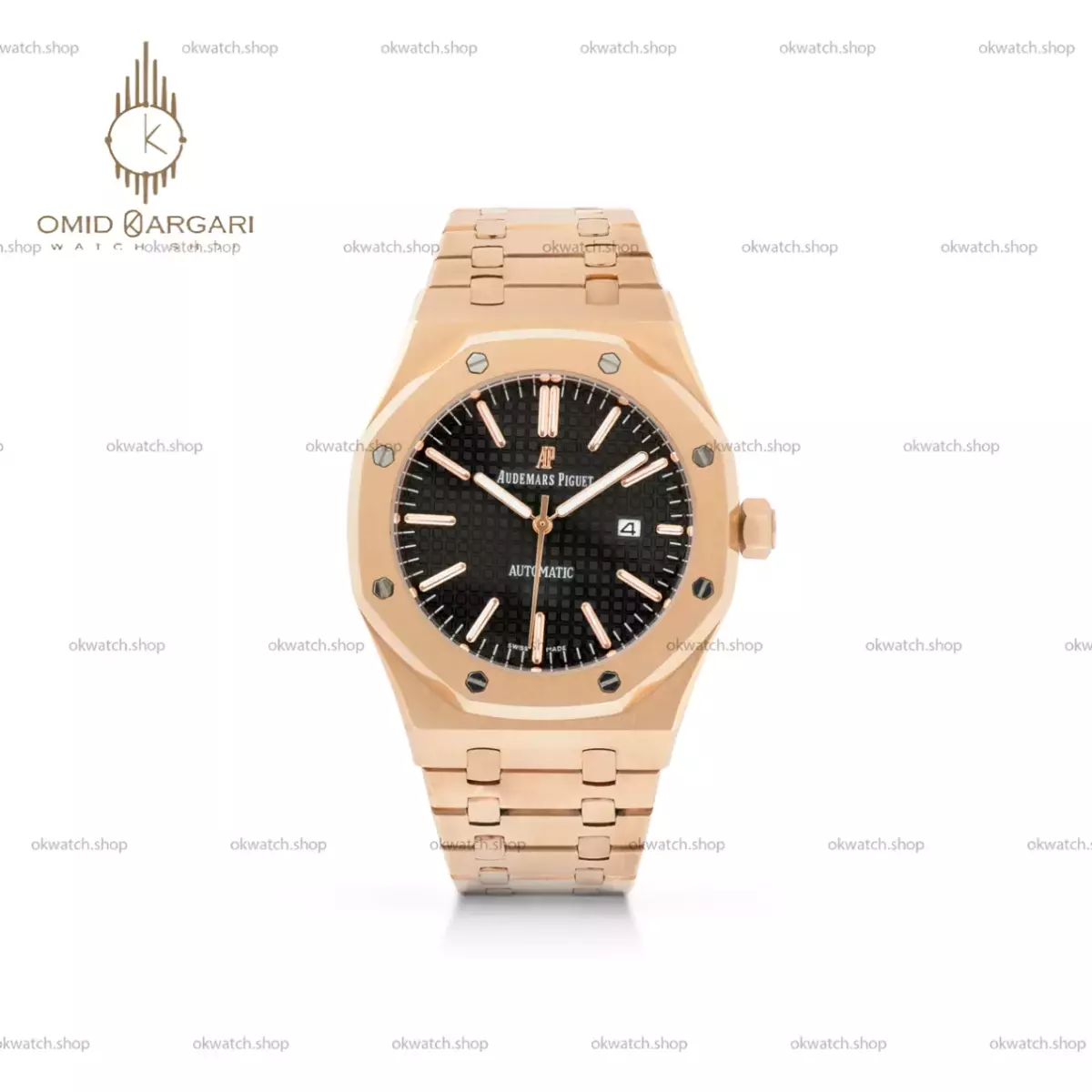ساعت مچی اودمار پیگه باتری بند رزگلد صفحه مشکی Audemars Piguet