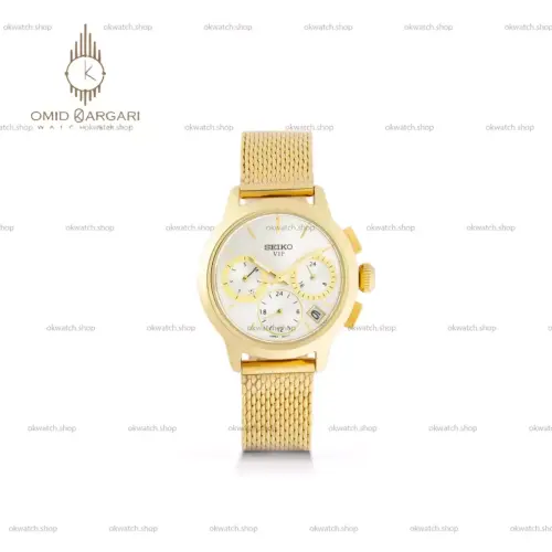 ساعت مچی سیکو فول دیت بند حصیری طلایی صفحه سفید Seiko VIP