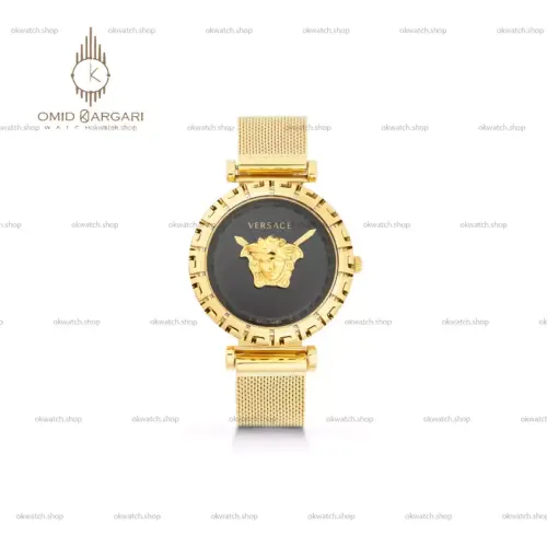 ساعت مچی ورساچه بند حصیری طلایی صفحه مشکی Versace