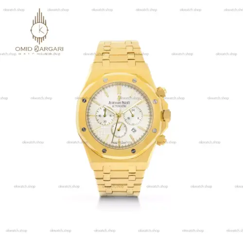 ساعت مچی اودمار پیگه کرونوگراف بند طلایی صفحه سفید Audemars Piguet