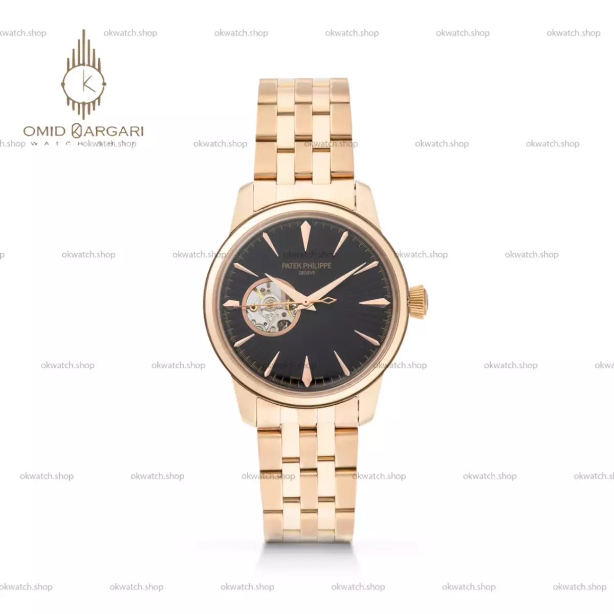 ساعت مچی پتک فیلیپ اوپن هارت بند رزگلد صفحه مشکی Patek Philippe Tourbillon
