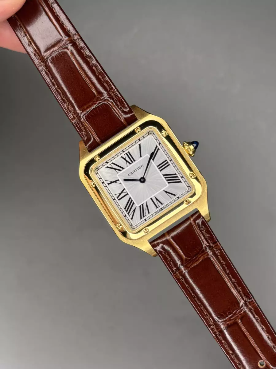 ساعت مچی کارتیه دومونت بند چرمی قهوه ای قاب طلایی Cartier