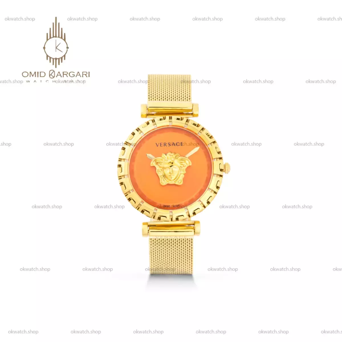 ساعت مچی ورساچه بند حصیری طلایی صفحه نارنجی Versace