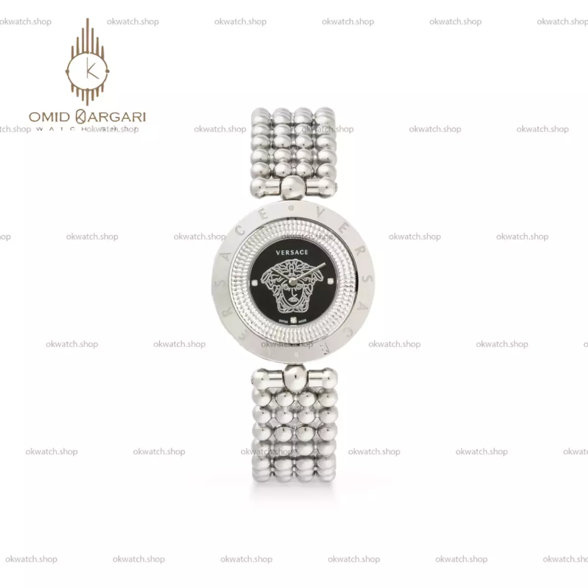 ساعت مچی ورساچه قاب چرخشی بند سیلور صفحه مشکی Versace