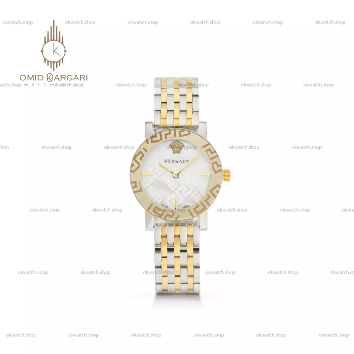 ساعت مچی ورساچه دورحکاکی بند طلایی سیلور صفحه سفید Versace