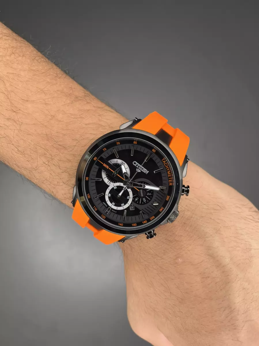 ساعت مچی سیتیزن کورنوگراف بند رابر نارنجی صفحه مشکی Citizen