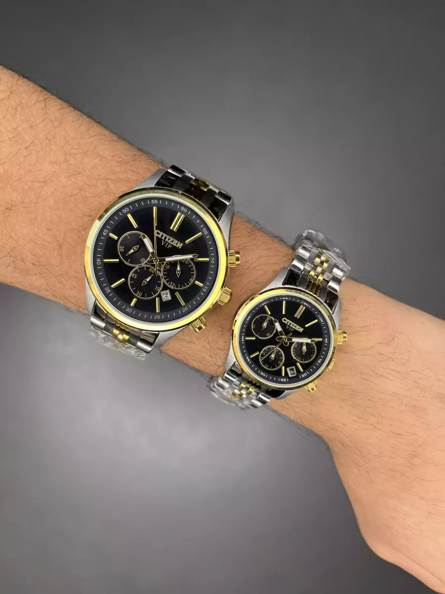ساعت مچی سیتیزن کورنوگراف بند سیلورطلایی صفحه مشکی Citizen VIP