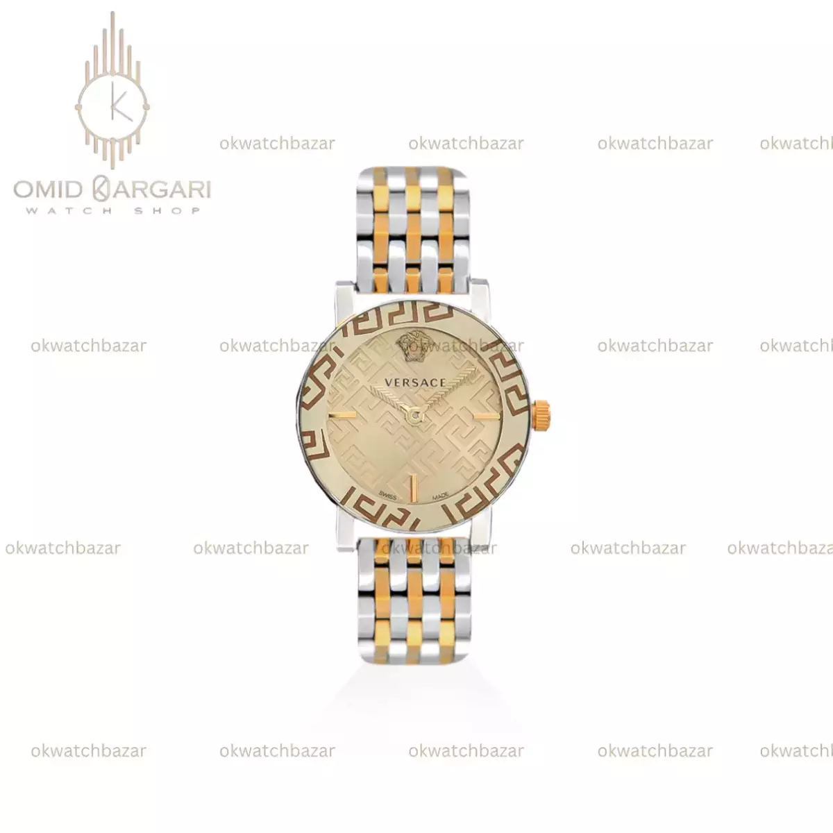 ساعت مچی ورساچه دورحکاکی سیلورطلایی صفحه طلایی Versace Greca
