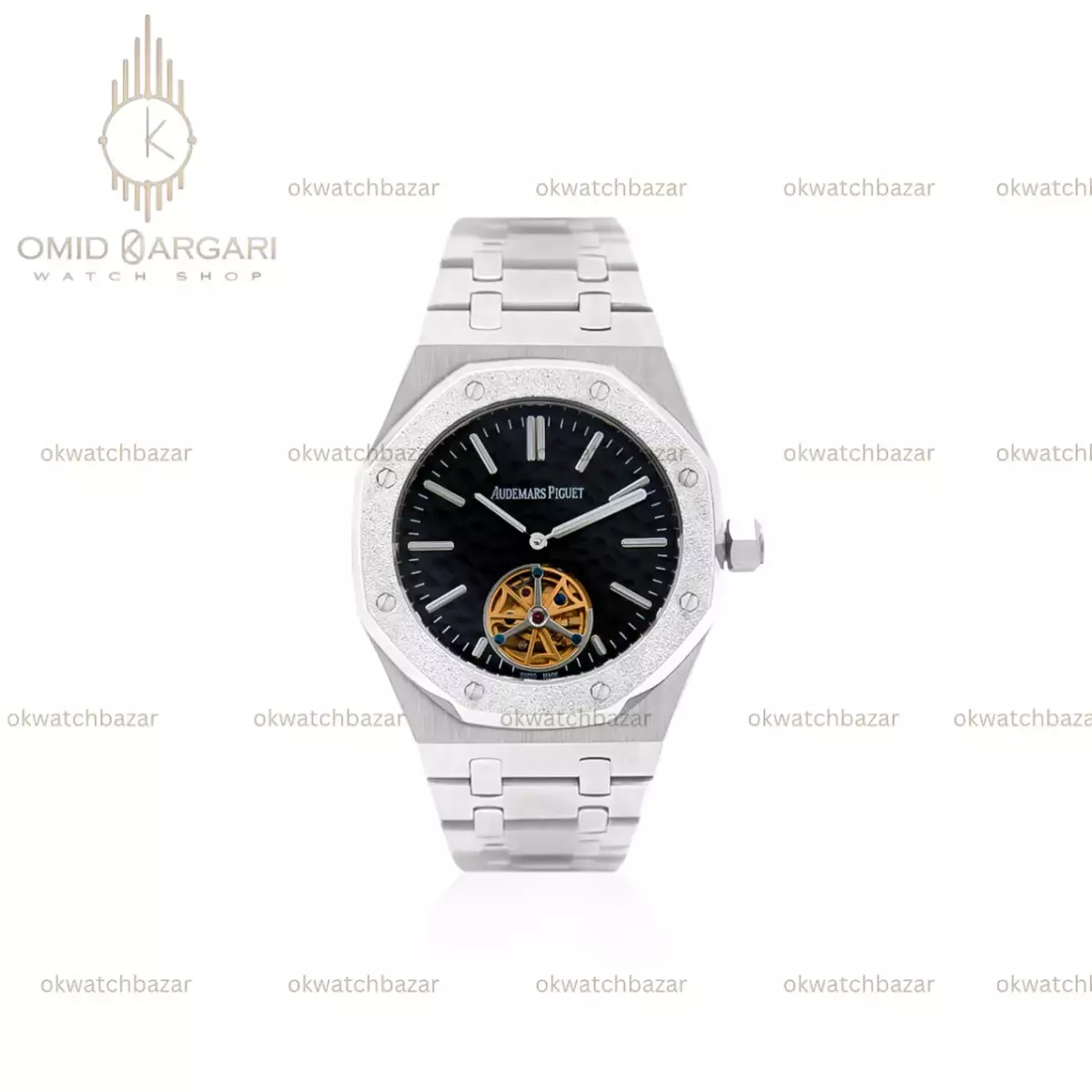 ساعت مچی اودمار پیگه اوپن هارت قاب شنی بدنه سیلور صفحه مشکی Audemars Piguet