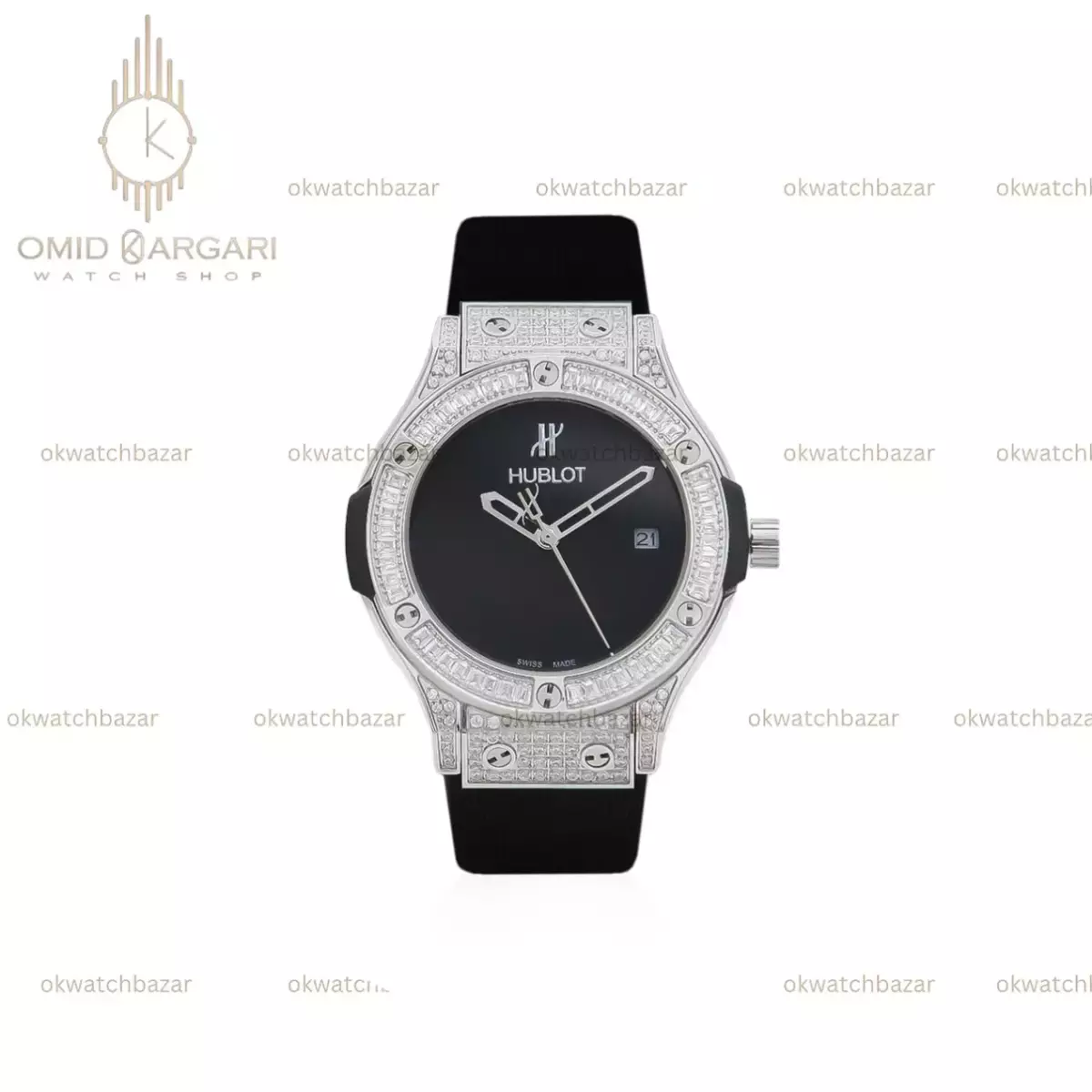 ساعت مچی اوبلو بند رابر صفحه مشکی قاب دور نگین Hublot Classic Fusion