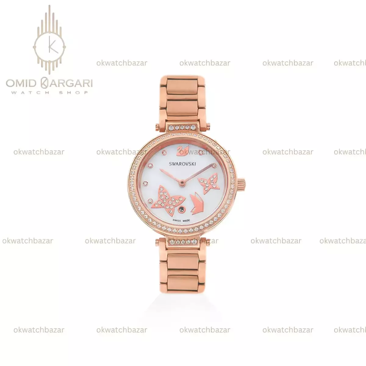 ساعت مچی سواروسکی صفحه طرحدار سفید رزگلد Swarovski