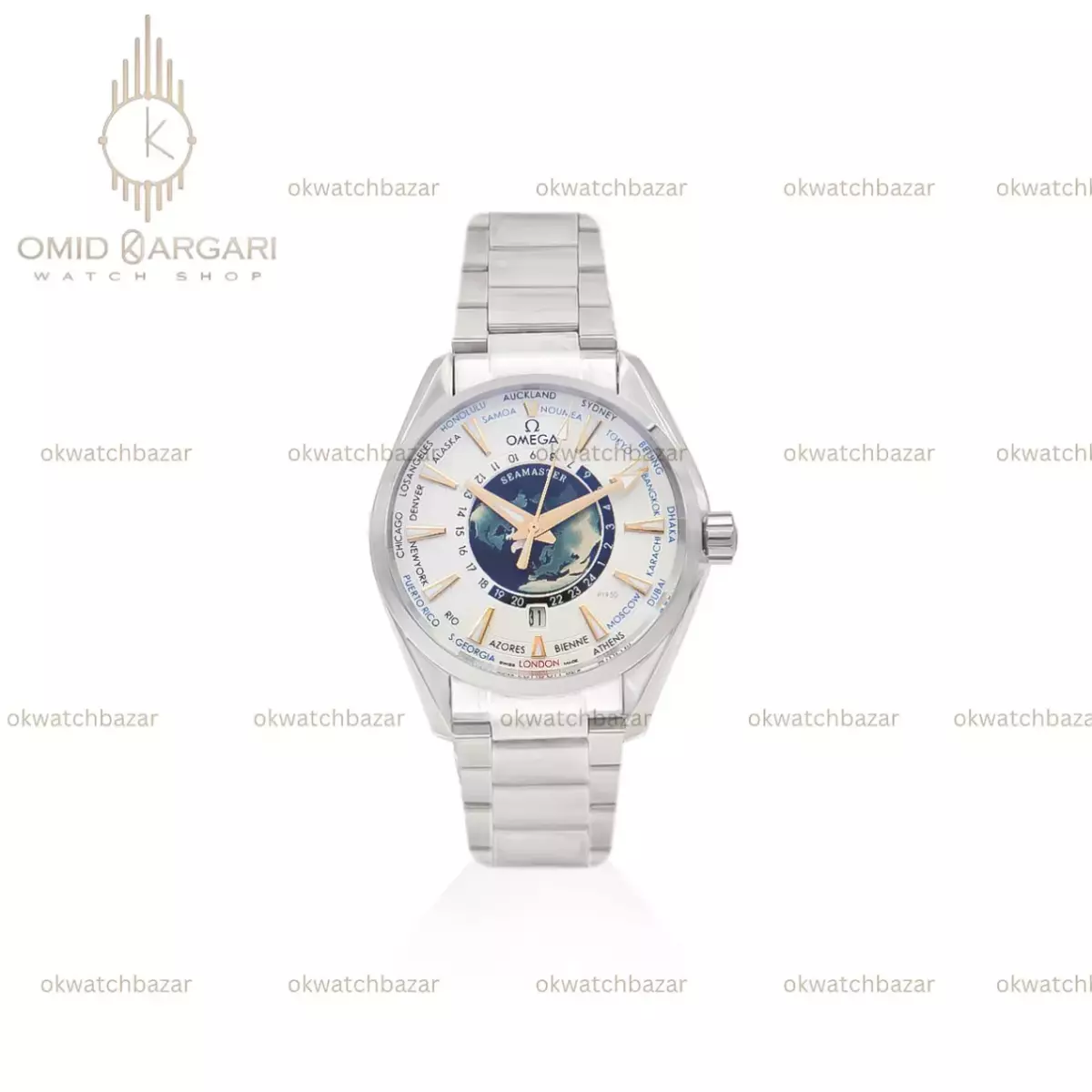 ساعت مچی امگا سیمستر جهان نما سیلور صفحه سفید Omega Seamaster Worldtimer