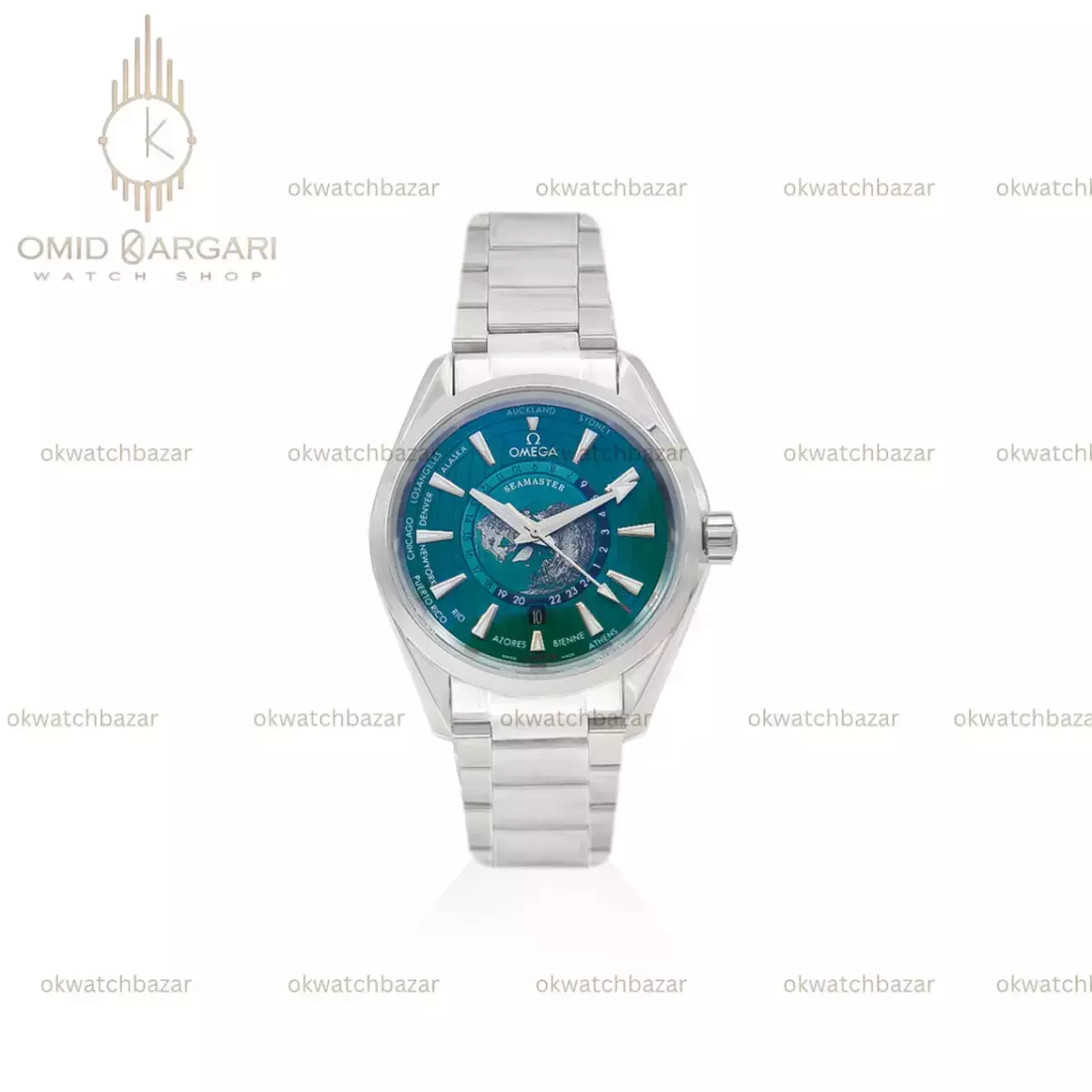 ساعت مچی امگا سیمستر جهان نما صفحه سبز Omega Seamaster Worldtimer