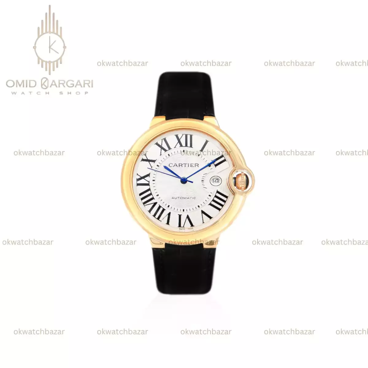 ساعت مچی کارتیه بلن بولو بند چرمی مشکی قاب طلایی Cartier Ballon Bleu