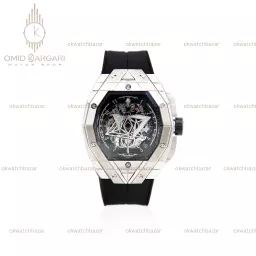ساعت مچی اوبلو کهکشانی قاب نقره ای بند رابر مشکی Hublot Spirit of Big Bang Sang Bleu