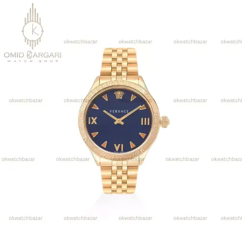 ساعت مچی ورساچه دورحکاکی طلایی صفحه سرمه ای Versace