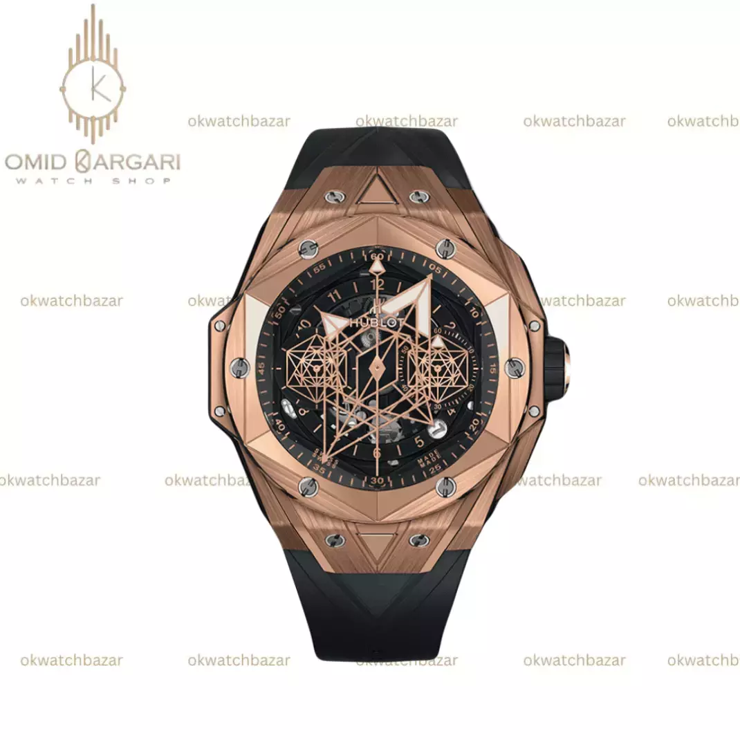 ساعت مچی اوبلو صفحه کهکشانی بند مشکی قاب رزگلد Hublot Big Bang Unico Sang Bleu ii King Rose Gold