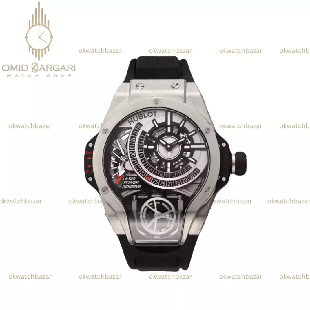 ساعت مچی اوبلو جمجمه‌ای قاب سیلور بند مشکی Hublot MP-09 Tourbillon silver