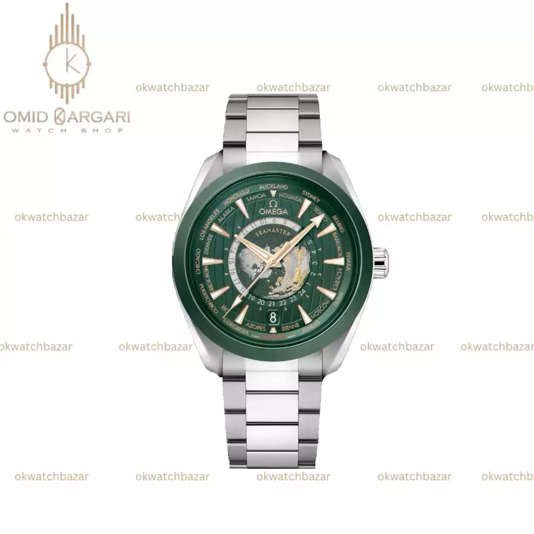 ساعت مچی امگا سیمستر جهان نما صفحه سبز بزل سبز Omega Seamaster Worldtimer