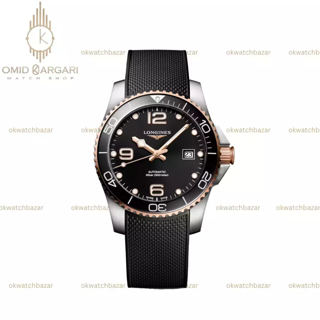 ساعت مچی لونژین اتوماتیک بند رابر مشکی بزل طلایی Longines