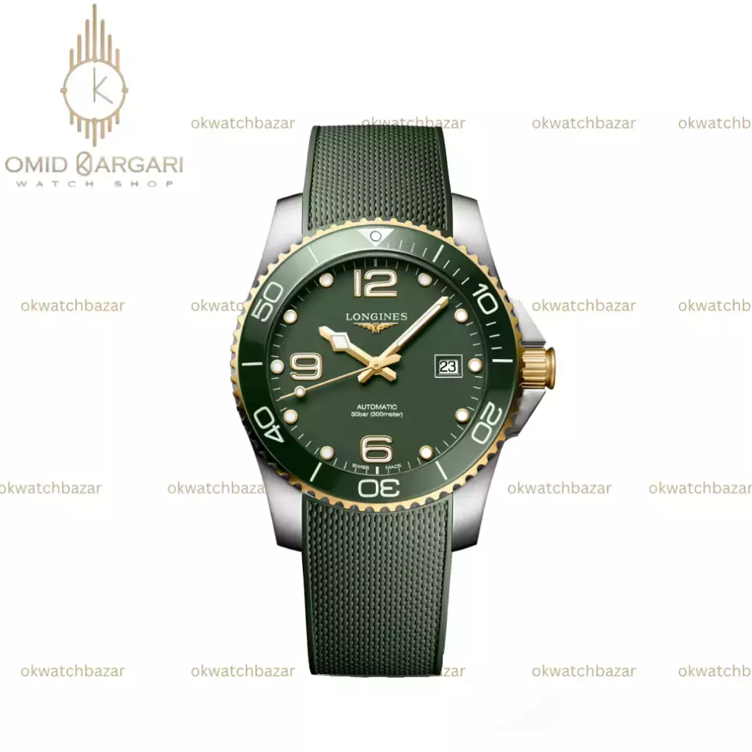 ساعت مچی لونژین اتوماتیک بند رابر سبز بزل طلایی Longines