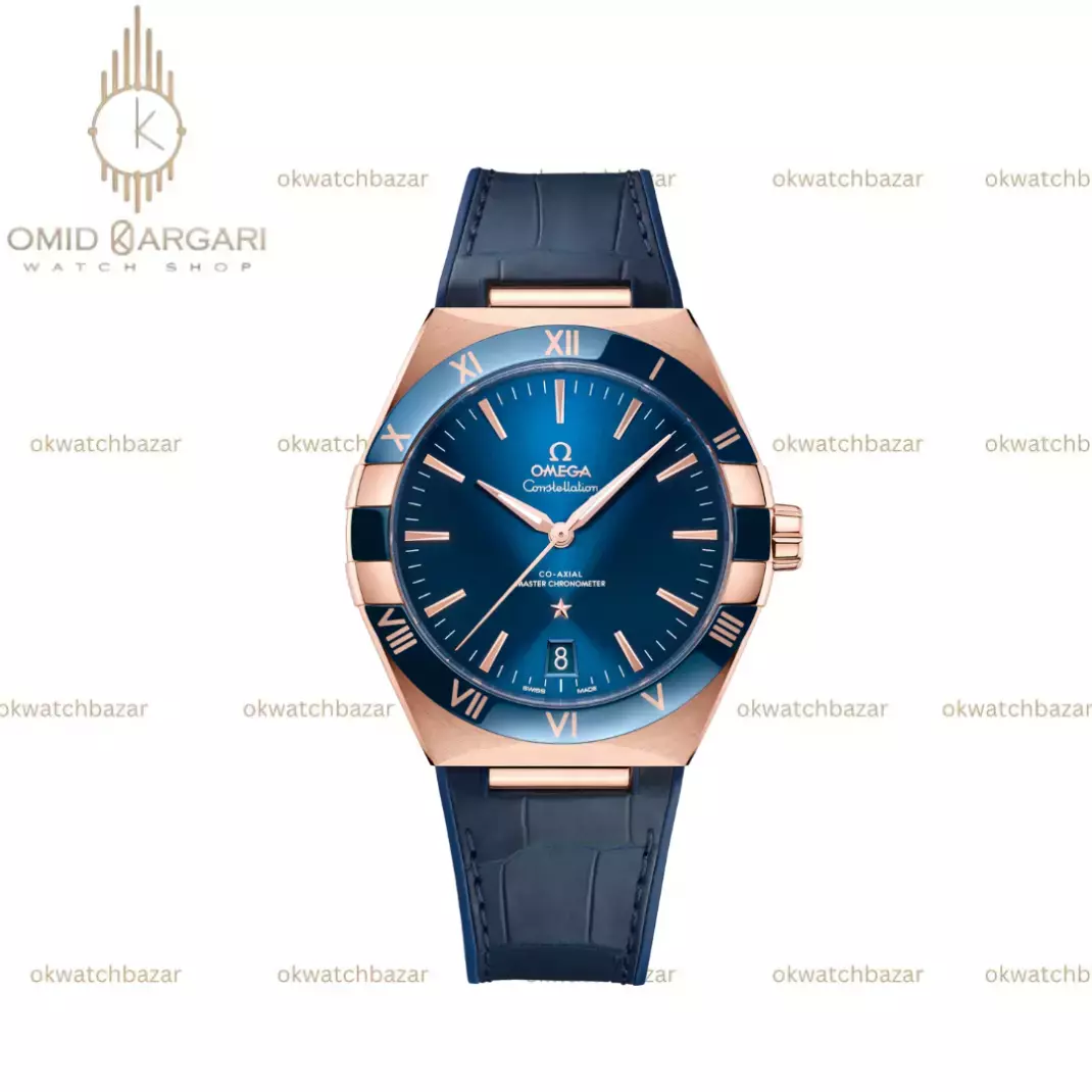 ساعت مچی امگا کانستلیشن بند آبی صفحه مشکی قاب رزگلد Omega Constellation