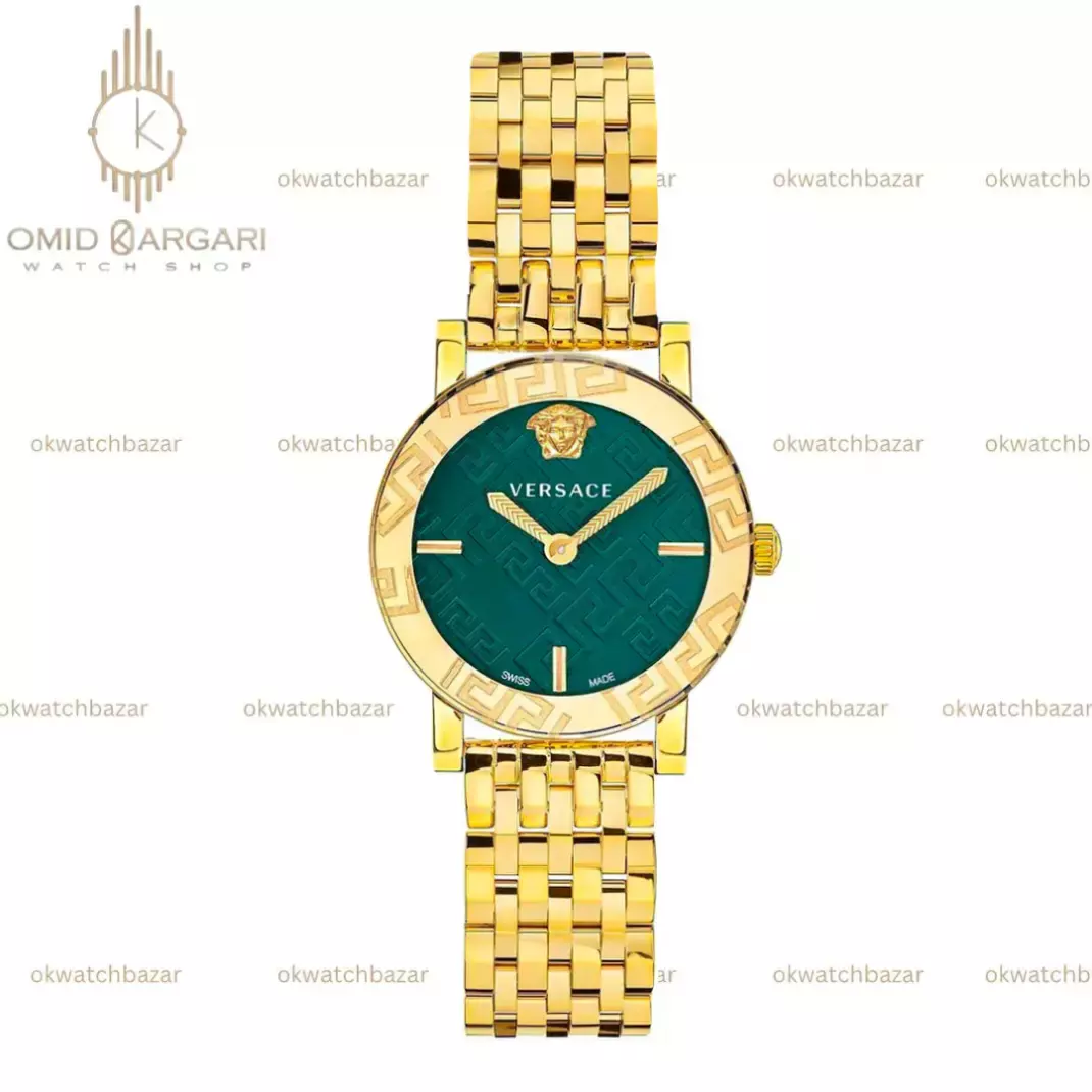 ساعت مچی ورساچه دورحکاکی بند طلایی صفحه سبز Versace