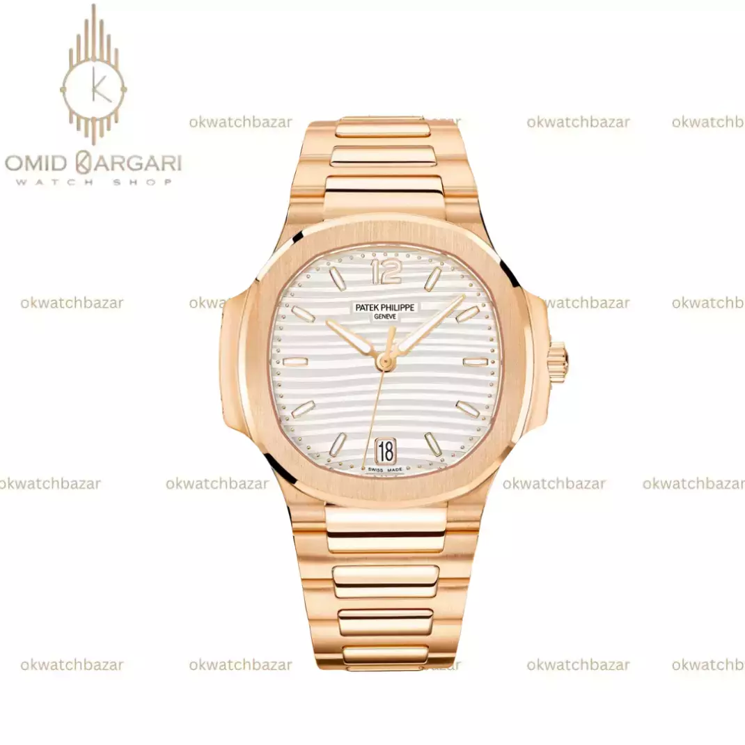 ساعت مچی پتک فیلیپ ناتیلوس صفحه سفید بند رزگلد Patek Philippe Nautilus