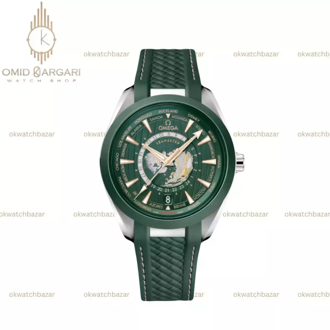 ساعت مچی امگا سیمستر جهان نما بند رابر سبز صفحه سبز Omega Seamaster