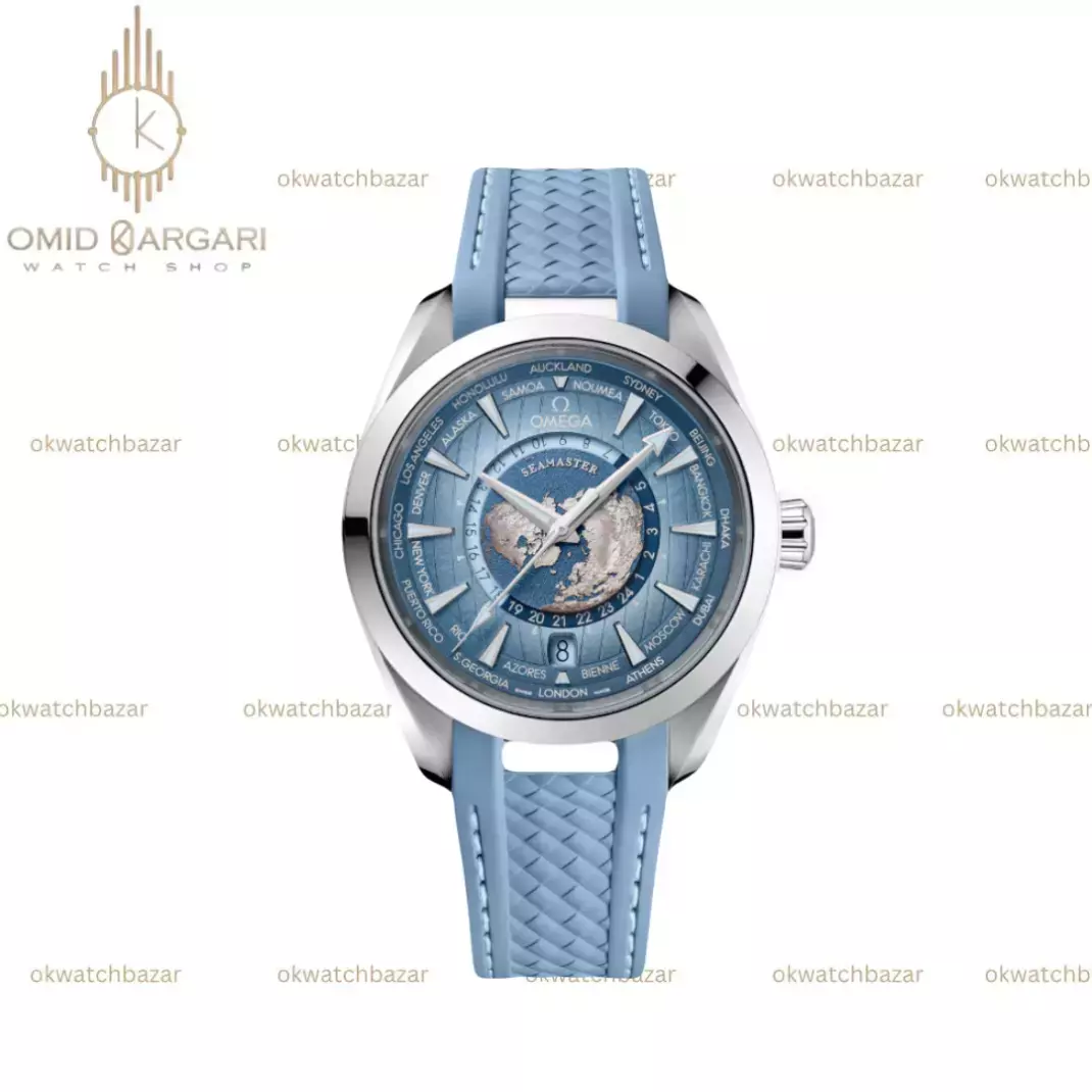 ساعت مچی امگا سیمستر جهان نما بند رابر آبی یخی صفحه آبی یخی Omega Seamaster
