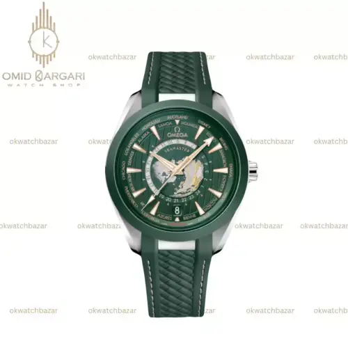 ساعت مچی امگا سیمستر جهان نما بند رابر سبز صفحه سبز Omega Seamaster