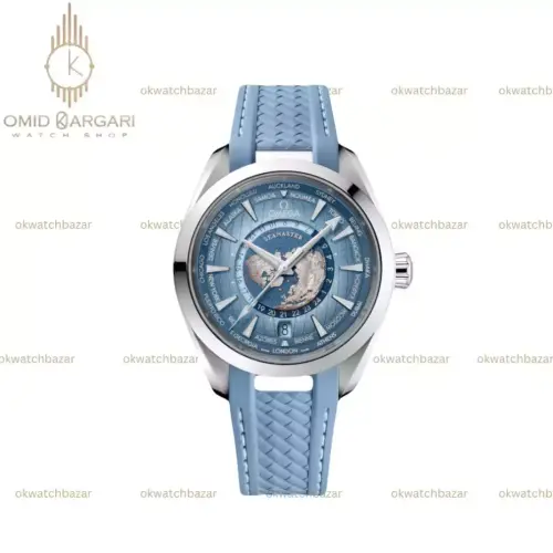 ساعت مچی امگا سیمستر جهان نما بند رابر آبی یخی صفحه آبی یخی Omega Seamaster