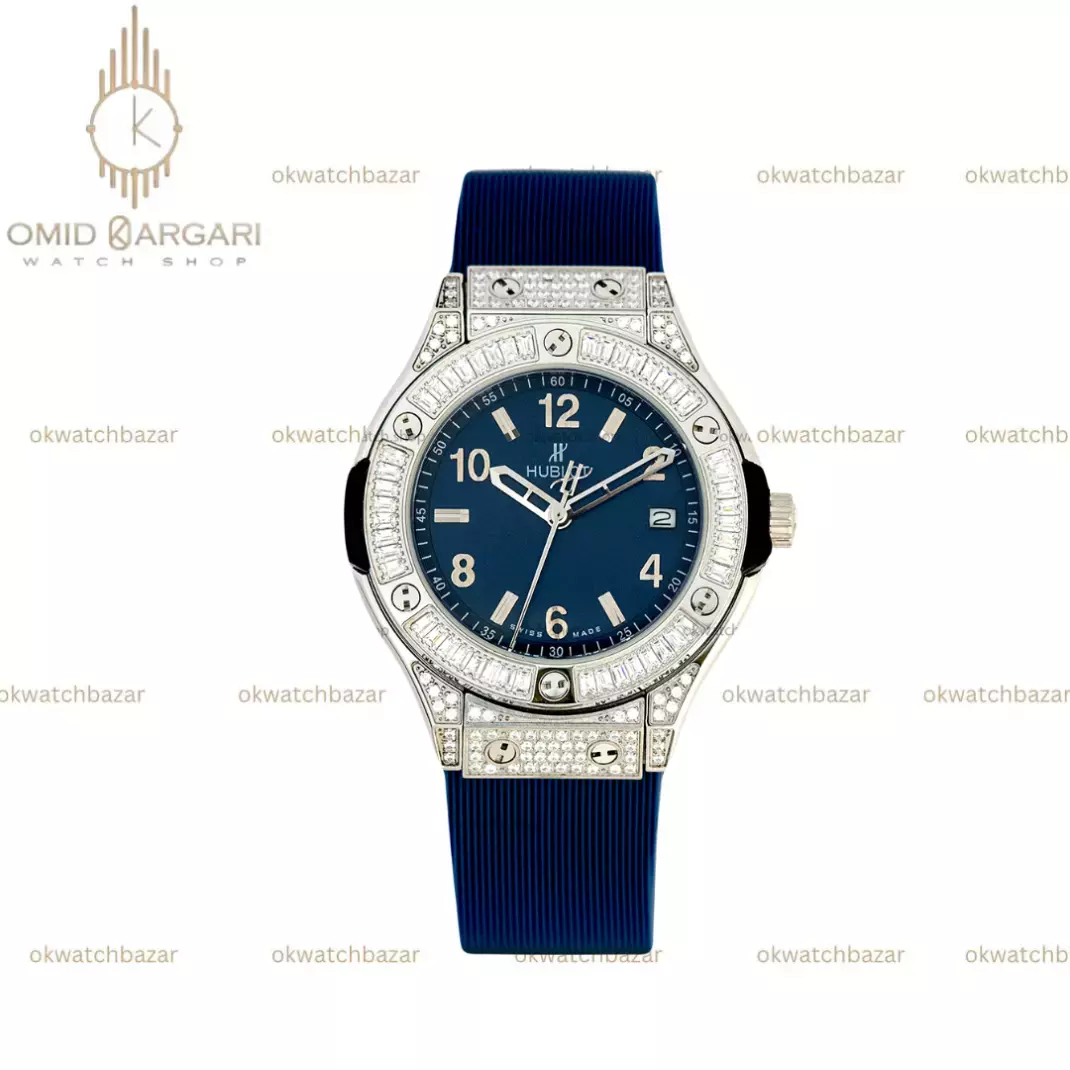 ساعت مچی اوبلو بند سرمه ای قاب سیلور نگین دار Hublot Classic Fusion