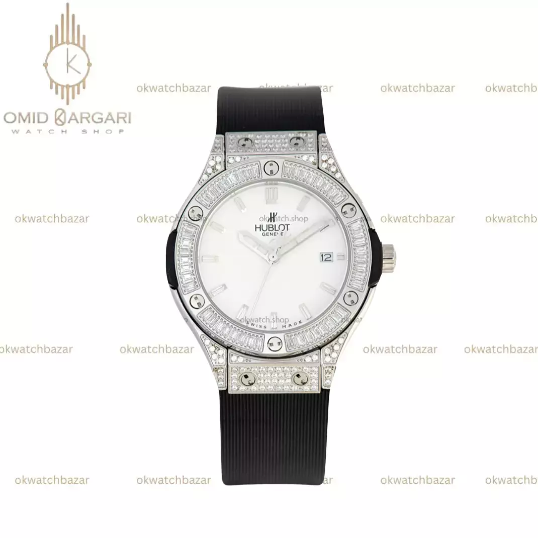 ساعت مچی اوبلو بند مشکی صفحه سفید فول نگین Hublot Classic Fusion